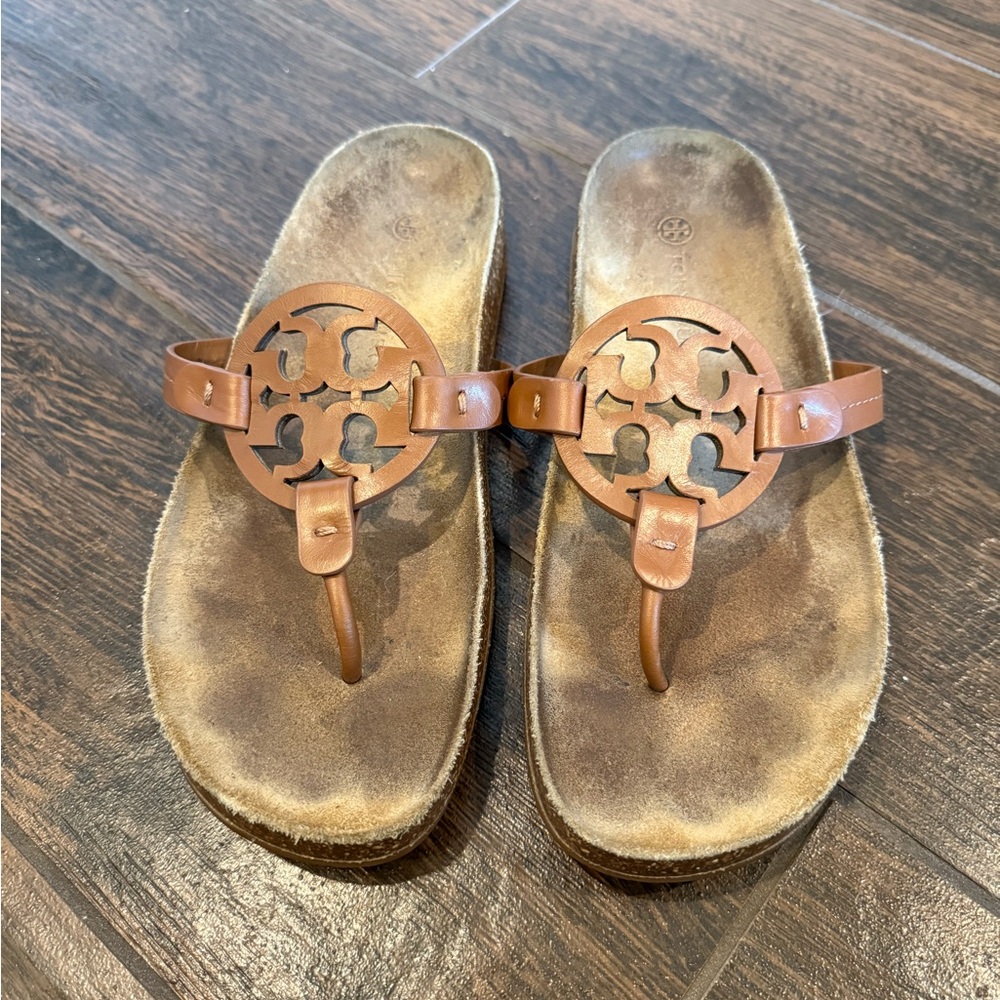Tory Burch Cognac Leather Logo Thong Sandals
